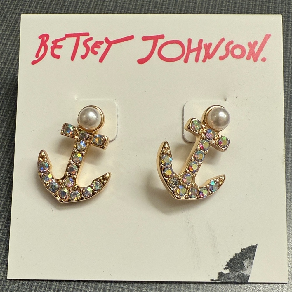 Betsey Johnson Gold Anchor Earrings with Multicolor Gems
